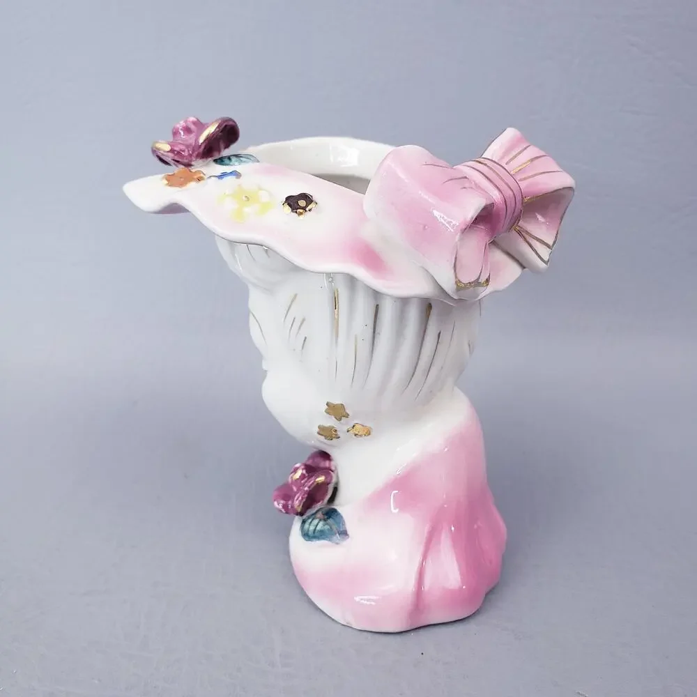 Vintage Lady Head Vase Pink Hat Dress Purple Roses White Hair Made in Japan